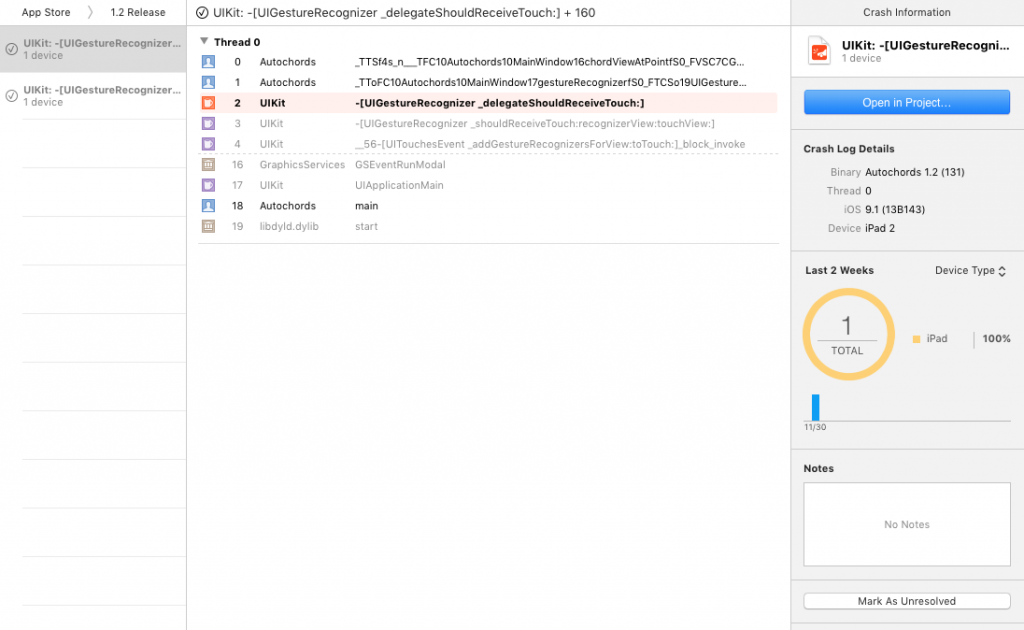 Screenshot of Xcode showing a crash in UIGestureRecognizer _delegateshouldReceiveTouch:.